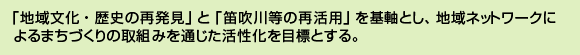 「地域文化・歴史の再発見」と「笛吹川等の再活用」を基軸とし、地域ネットワークによるまちづくりの取組みを通じた活性化を目標とする。