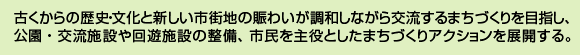 古くからの歴史・文化と新しい市街地の賑わいが調和しながら交流するまちづくりを目指し、公園・交流施設や回遊施設の整備、市民を主役としたまちづくりアクションを展開する。